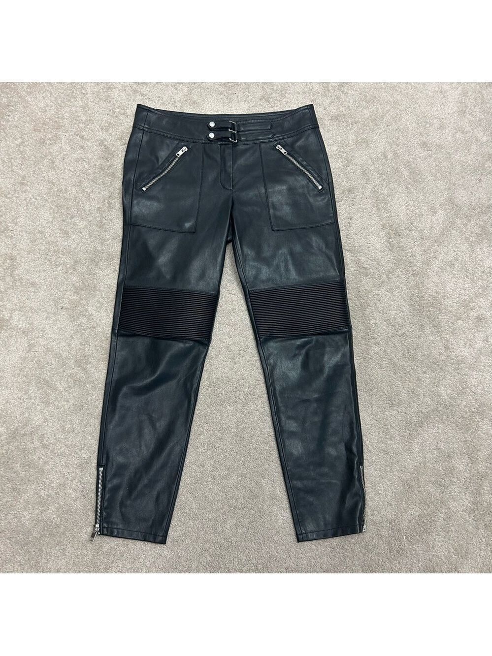 MNG Mango black faux leather moto biker pants leggings 6 vegan pleather zippered